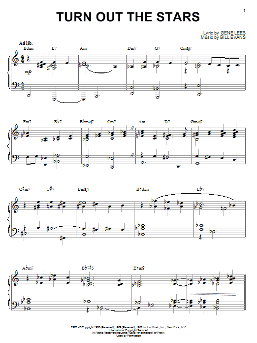 Learn to play Bill Evans Turn Out The Stars sheet music for Real Book – Melody & Chords in minutes. Bill Evans Turn Out The Stars sheet music notes and chords. Download Printable PDF.
