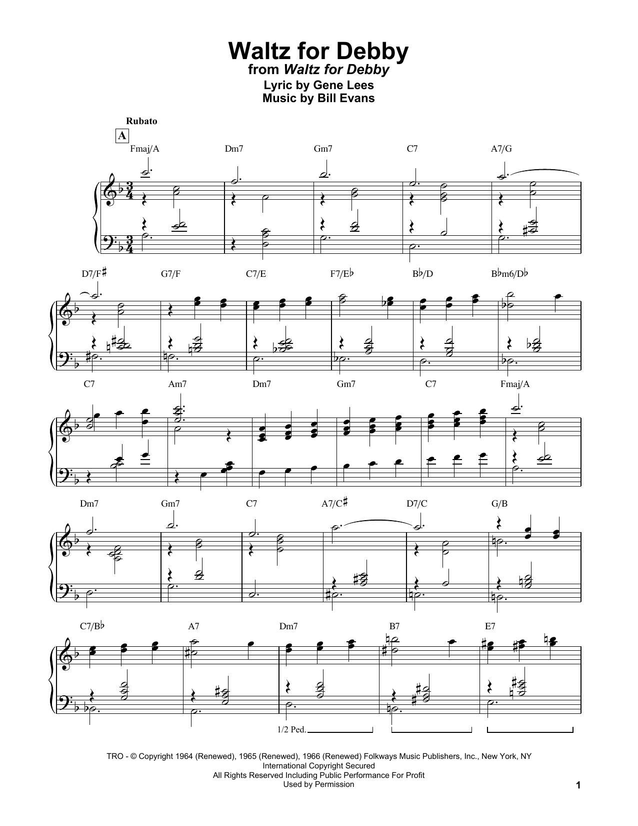 Bill Evans Waltz For Debby sheet music notes and chords. Download Printable PDF.