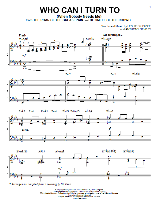 Bill Evans Who Can I Turn To (When Nobody Needs Me) [Jazz version] (arr. Brent Edstrom) sheet music notes and chords. Download Printable PDF.