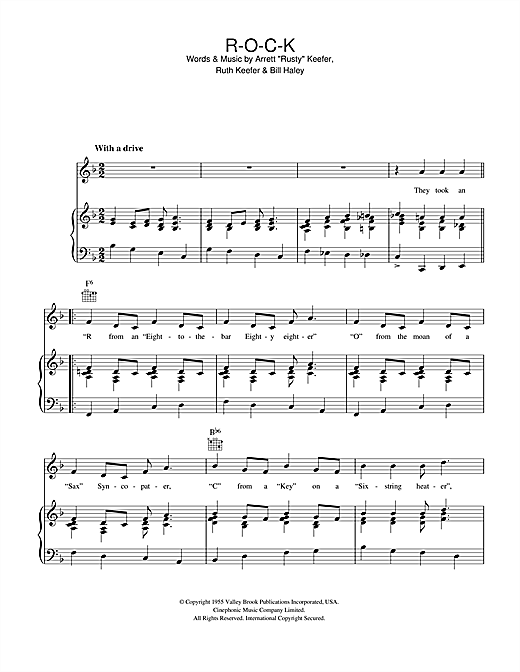 Learn to play Bill Haley ROCK sheet music for Piano, Vocal & Guitar in minutes. Price: 7.9900$ Bill Haley ROCK sheet music notes and chords. Download Printable PDF.