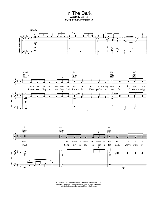 Preview Bill Hill In The Dark Classics sheet music, notes and chords for Piano, Vocal & Guitar (Right-Hand Melody), SKU: 19265 sheet music, piano notes, chords, guitar tabs, score, transpose, transcribe, how to play, guide, download, learn, tutorial, progression, song, artist, awards, billboard, mtv, vh1, tour, single, album, release