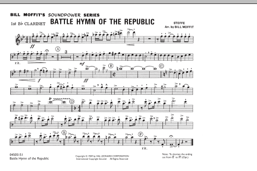 Learn to play Bill Moffit Battle Hymn Of The Republic - 1st Bb Clarinet sheet music for Marching Band in minutes. Bill Moffit Battle Hymn Of The Republic - 1st Bb Clarinet sheet music notes and chords. Download Printable PDF.