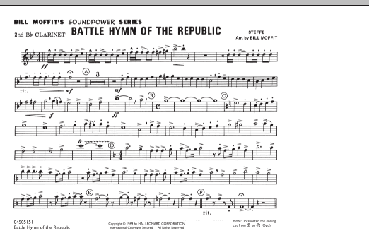 Learn to play Bill Moffit Battle Hymn Of The Republic - 2nd Bb Clarinet sheet music for Marching Band in minutes. Bill Moffit Battle Hymn Of The Republic - 2nd Bb Clarinet sheet music notes and chords. Download Printable PDF.