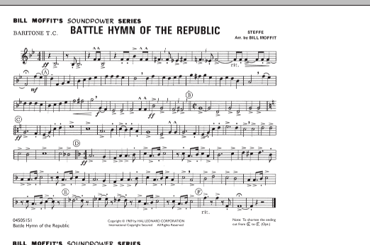 Learn to play Bill Moffit Battle Hymn Of The Republic - Baritone T.C. sheet music for Marching Band in minutes. Bill Moffit Battle Hymn Of The Republic - Baritone T.C. sheet music notes and chords. Download Printable PDF.