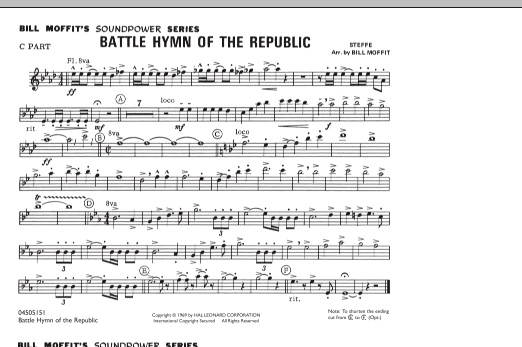 Learn to play Bill Moffit Battle Hymn Of The Republic - C Part sheet music for Marching Band in minutes. Bill Moffit Battle Hymn Of The Republic - C Part sheet music notes and chords. Download Printable PDF.