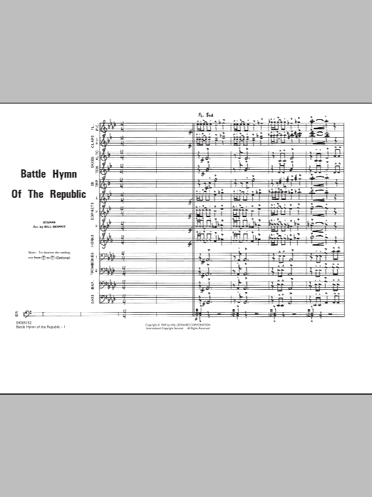 Learn to play Bill Moffit Battle Hymn Of The Republic - Conductor Score (Full Score) sheet music for Marching Band in minutes. Bill Moffit Battle Hymn Of The Republic - Conductor Score (Full Score) sheet music notes and chords. Download Printable PDF.