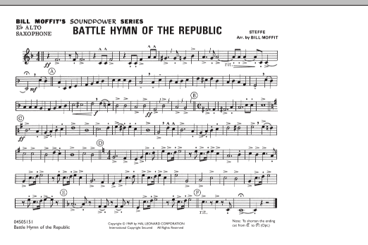 Learn to play Bill Moffit Battle Hymn Of The Republic - Eb Alto Saxophone sheet music for Marching Band in minutes. Bill Moffit Battle Hymn Of The Republic - Eb Alto Saxophone sheet music notes and chords. Download Printable PDF.