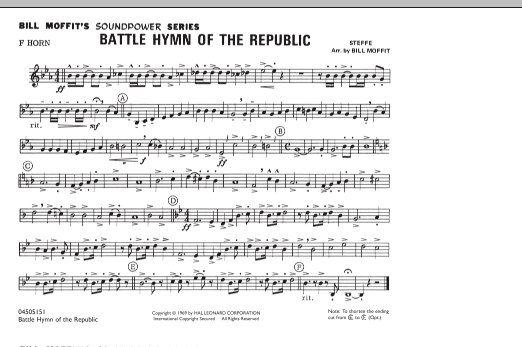 Learn to play Bill Moffit Battle Hymn Of The Republic - F Horn sheet music for Marching Band in minutes. Bill Moffit Battle Hymn Of The Republic - F Horn sheet music notes and chords. Download Printable PDF.