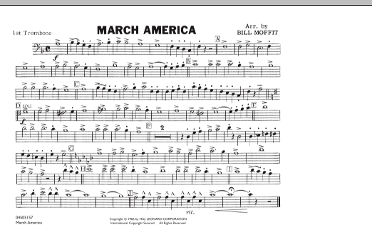 Learn to play Bill Moffit March America - 1st Trombone sheet music for Marching Band in minutes. Bill Moffit March America - 1st Trombone sheet music notes and chords. Download Printable PDF.