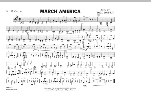 Learn to play Bill Moffit March America - 3rd Bb Cornet sheet music for Marching Band in minutes. Bill Moffit March America - 3rd Bb Cornet sheet music notes and chords. Download Printable PDF.
