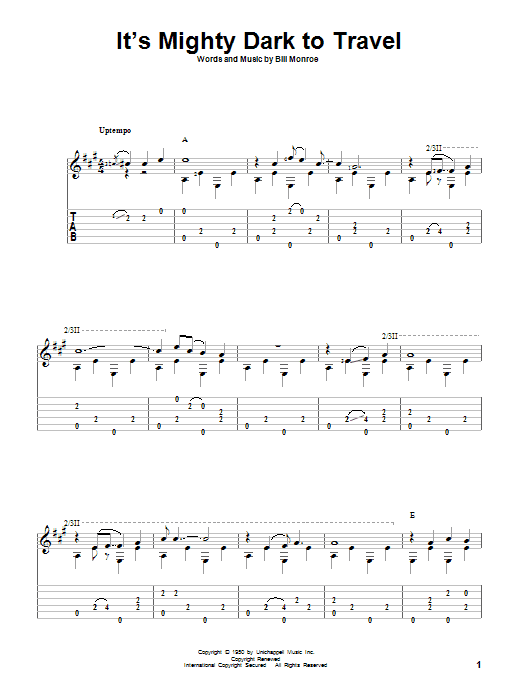 Learn to play Bill Monroe It's Mighty Dark To Travel sheet music for Guitar Tab in minutes. Bill Monroe It's Mighty Dark To Travel sheet music notes and chords. Download Printable PDF.