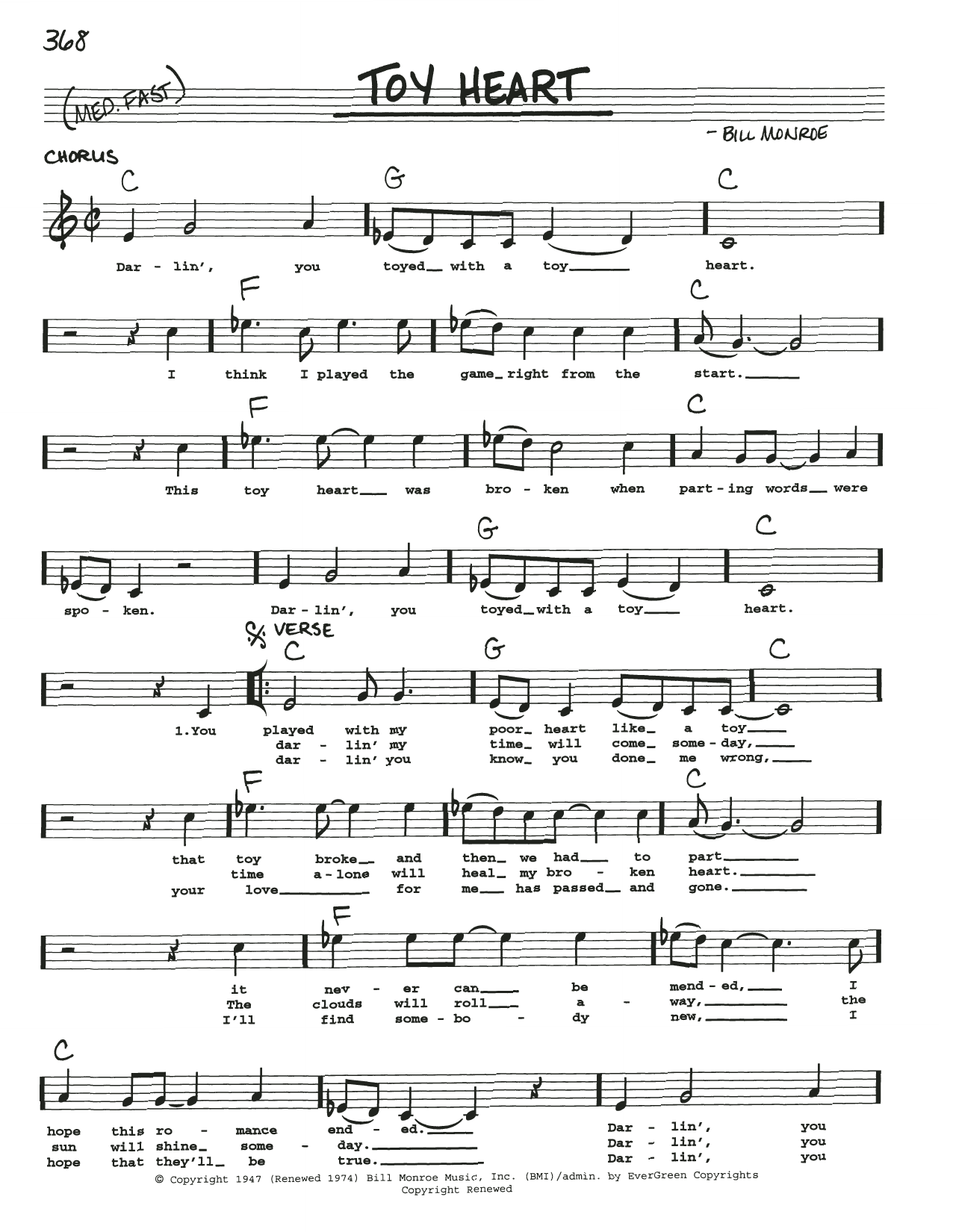 Bill Monroe Toy Heart sheet music notes and chords. Download Printable PDF.