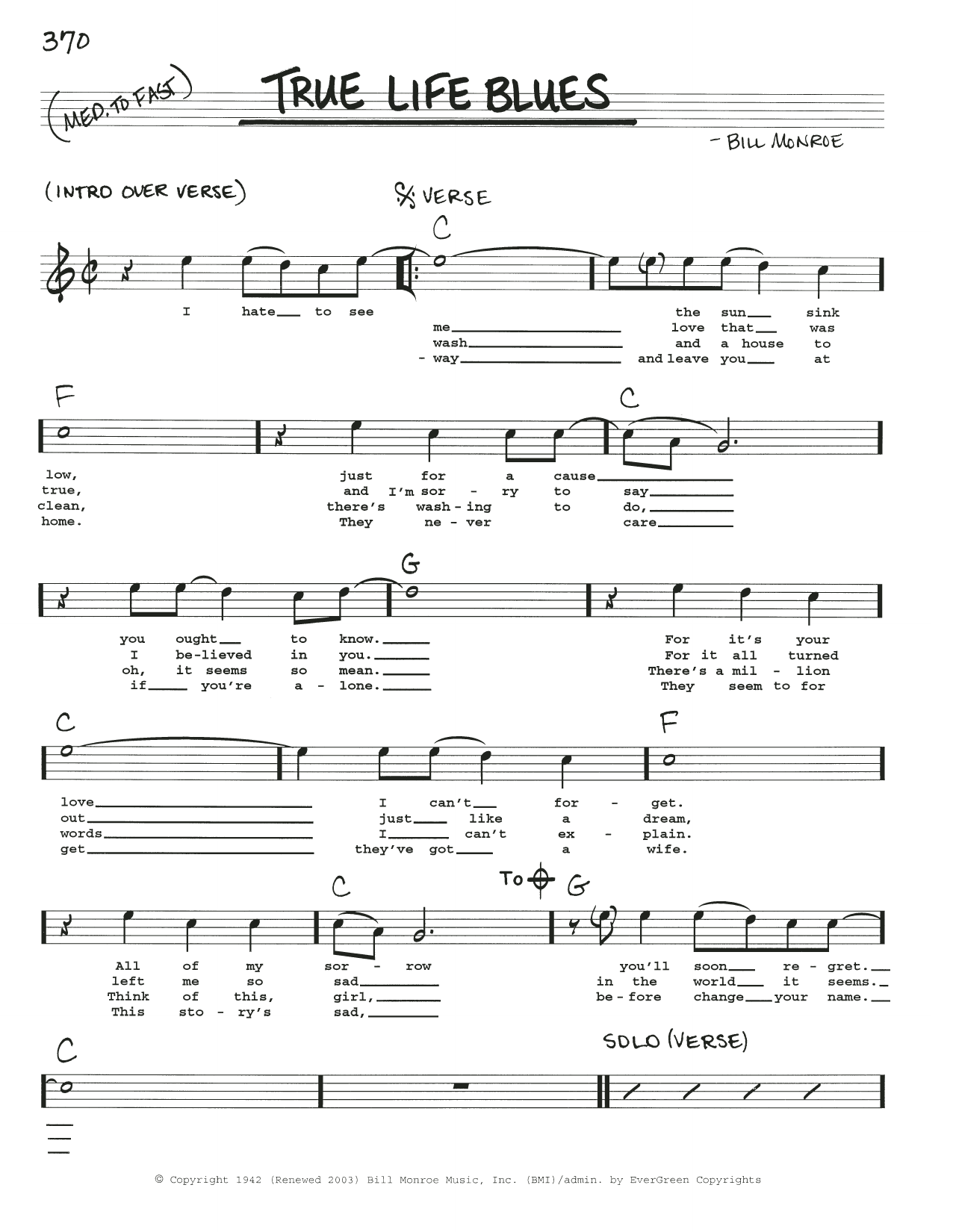 Bill Monroe True Life Blues sheet music notes and chords. Download Printable PDF.