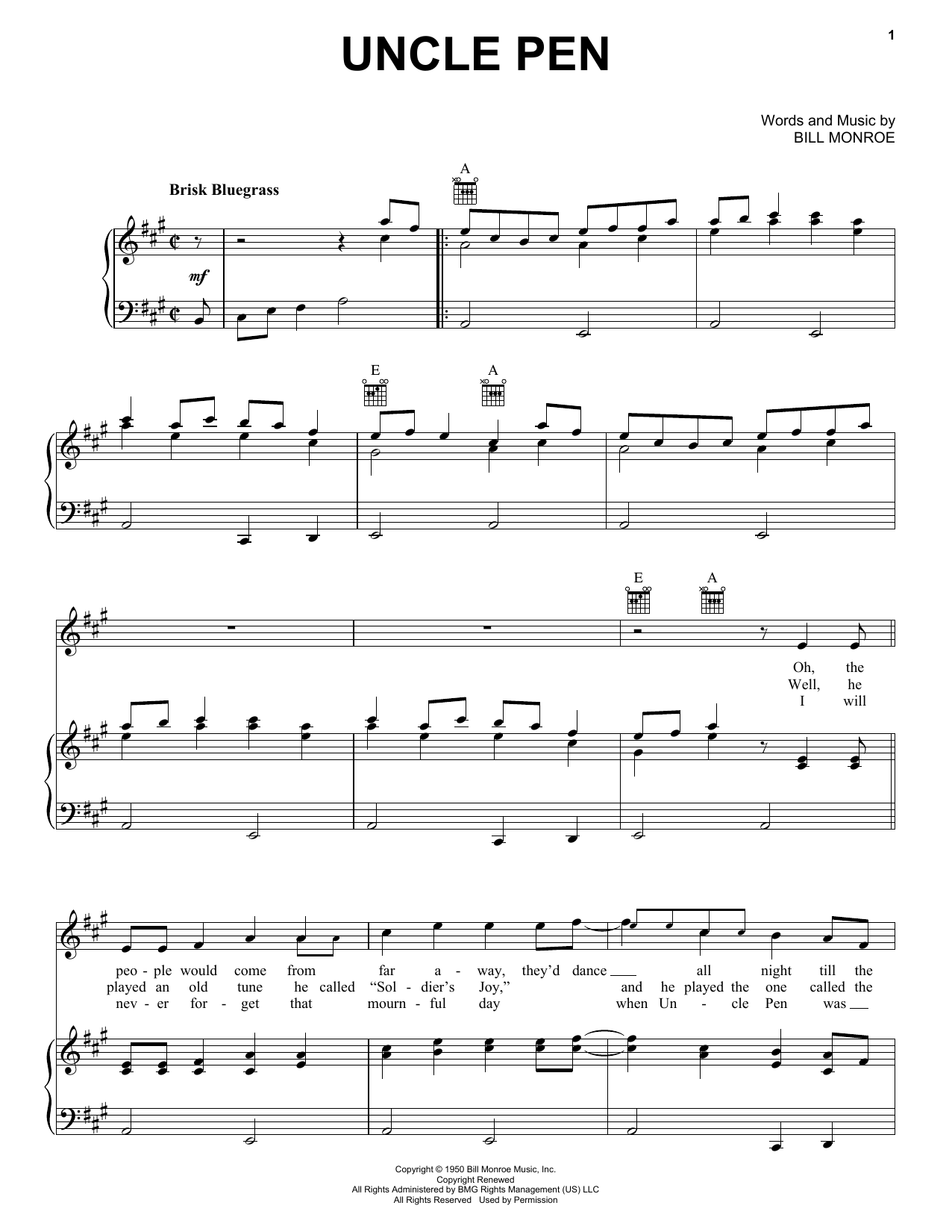 Learn to play Bill Monroe Uncle Pen sheet music for Piano, Vocal & Guitar (Right-Hand Melody) in minutes. Bill Monroe Uncle Pen sheet music notes and chords. Download Printable PDF.