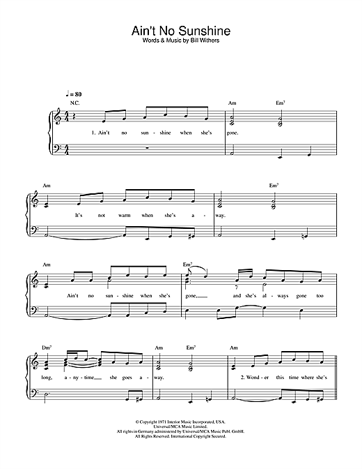 Aint no sunshine перевод. Bill Withers Ain't no Sunshine. Bill Withers Ain't no Sunshine Ноты. Aint no way Ноты. Aint no Sunshine текст.