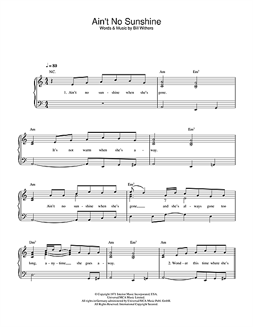 Bill Withers Ain T No Sunshine Sheet Music Pdf Notes Chords Rock Score Guitar Tab Single Guitar Download Printable Sku 82468