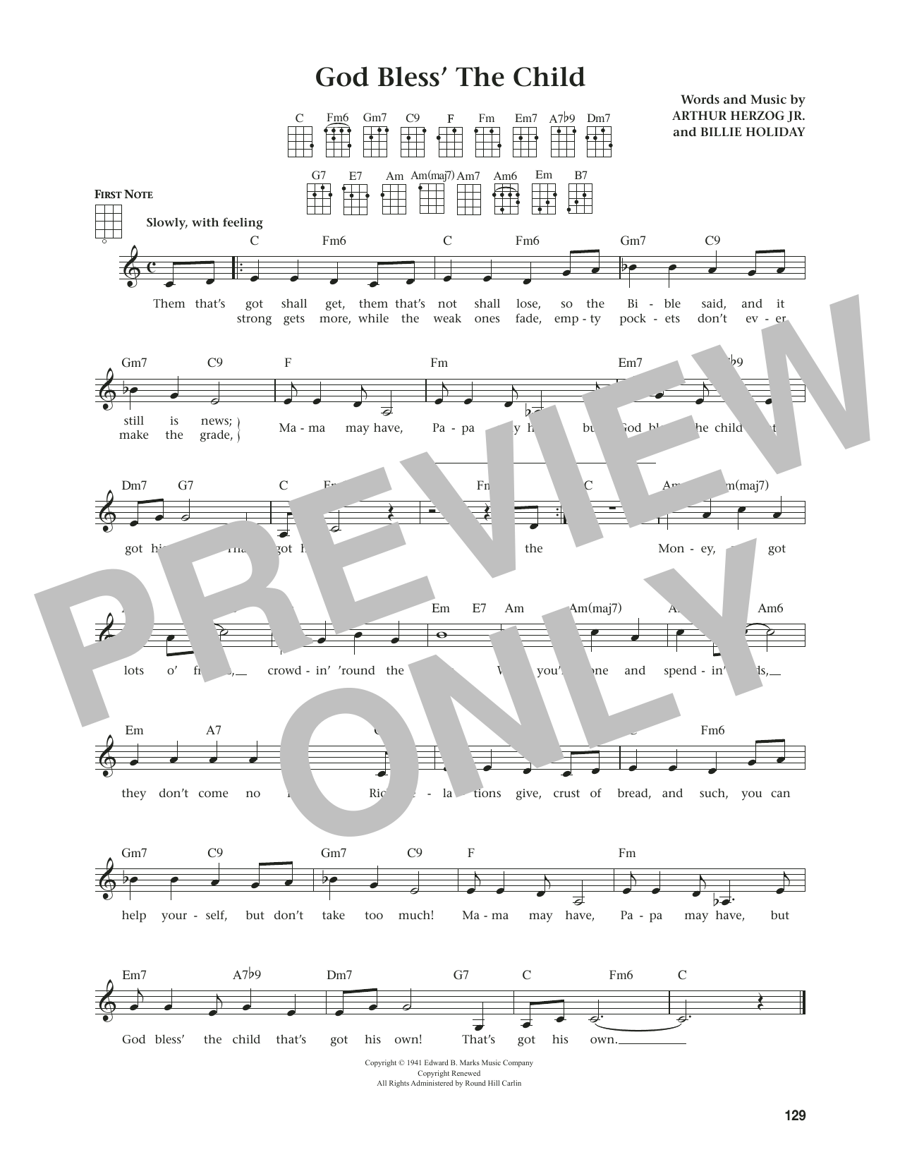 Billie Holiday God Bless' The Child (from The Daily Ukulele) (arr. Jim Beloff) sheet music notes and chords. Download Printable PDF.