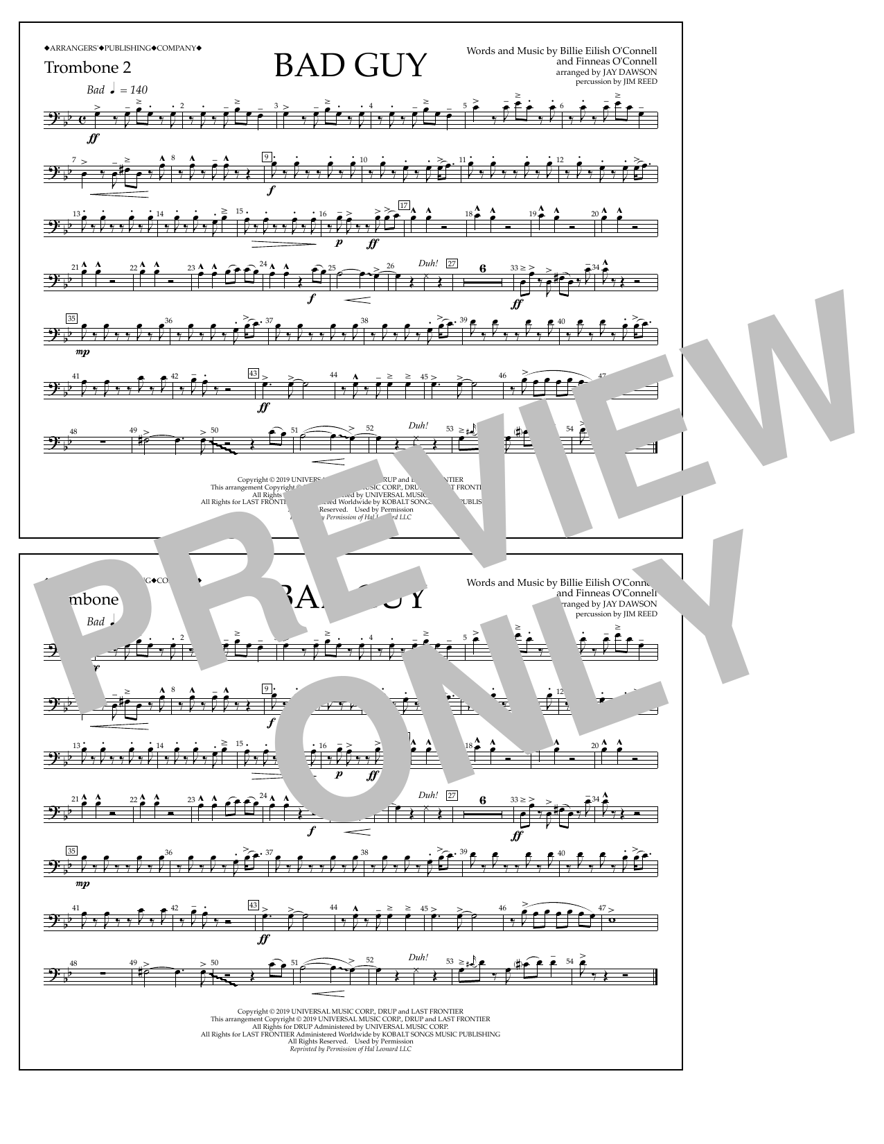 Billie Eilish Bad Guy (arr. Jay Dawson) - Trombone 2 sheet music notes and chords. Download Printable PDF.