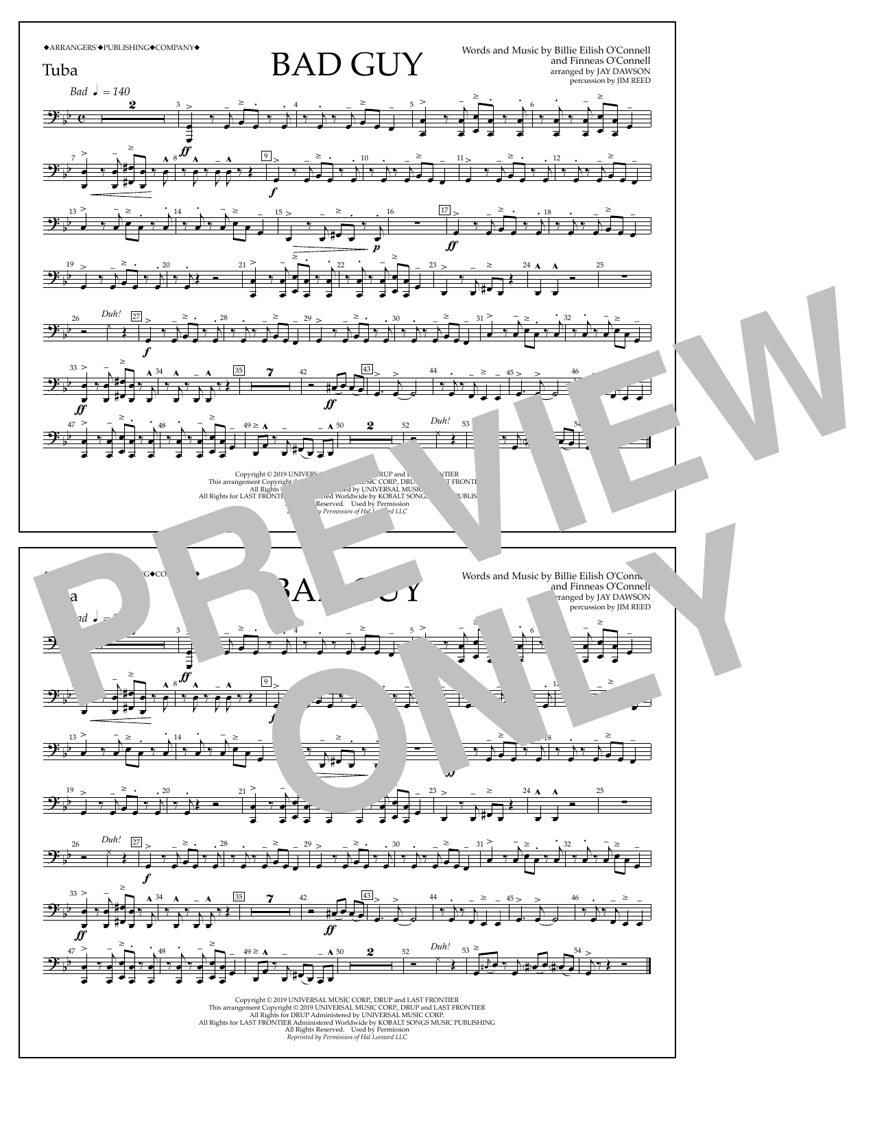 Billie Eilish Bad Guy (arr. Jay Dawson) - Tuba sheet music notes and chords. Download Printable PDF.