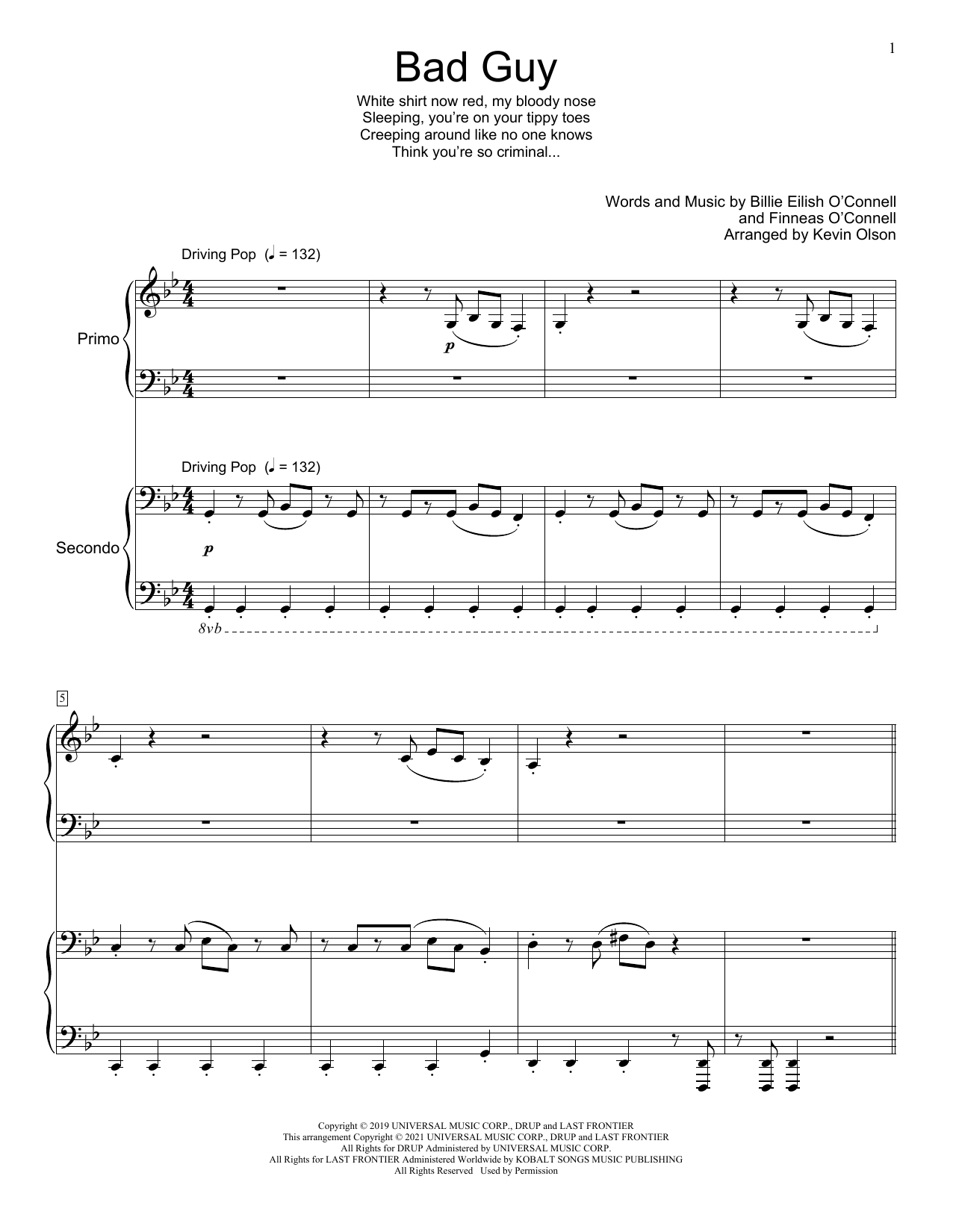 Billie Eilish Bad Guy Arr Kevin Olson Sheet Music Chords And Lyrics Download Printable Pop 