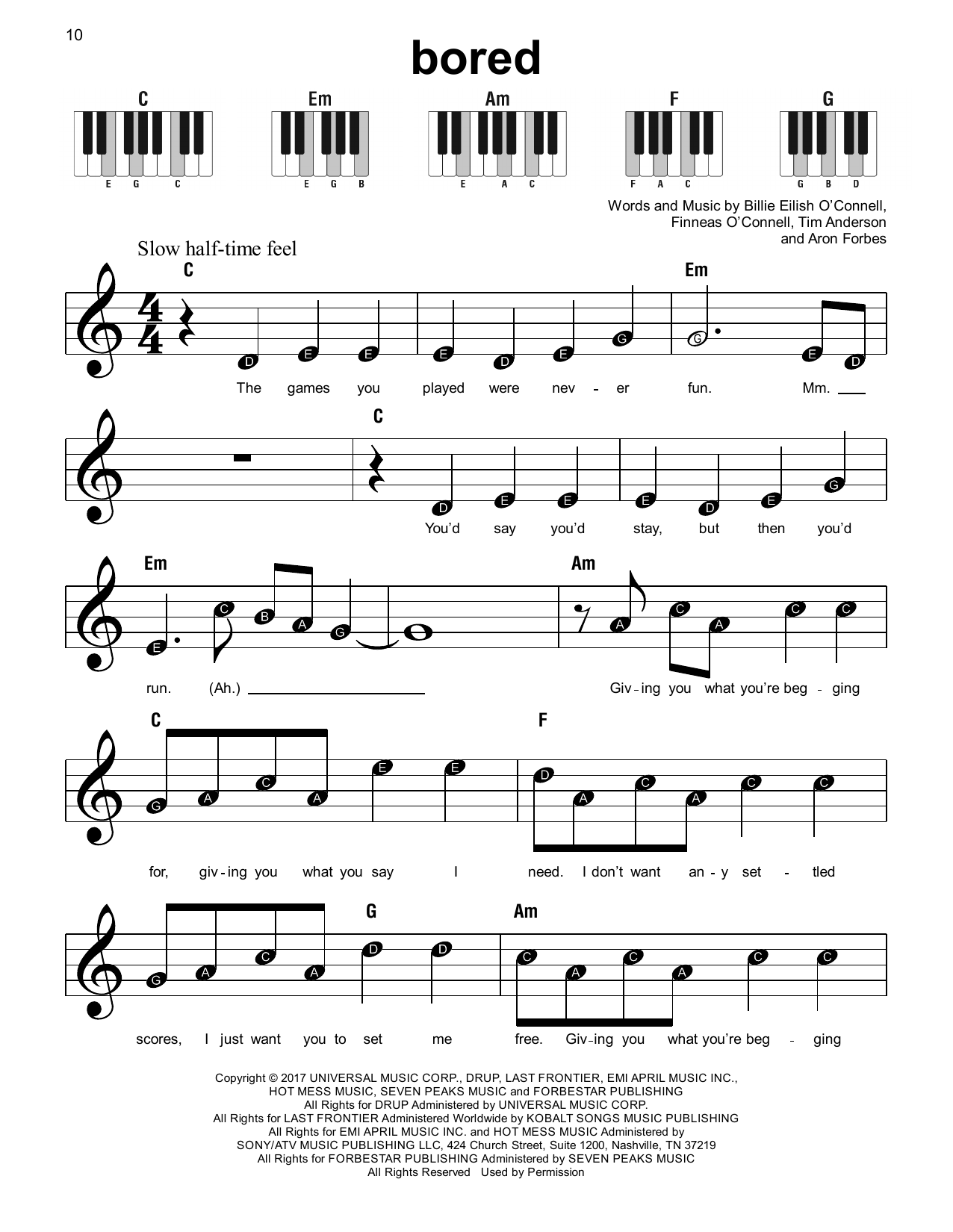 Billie Eilish "Bored" Sheet Music Notes, Chords Download Printable