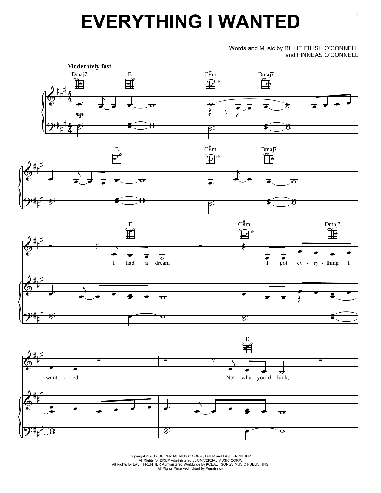Billie Eilish everything i wanted sheet music notes and chords. Download Printable PDF.