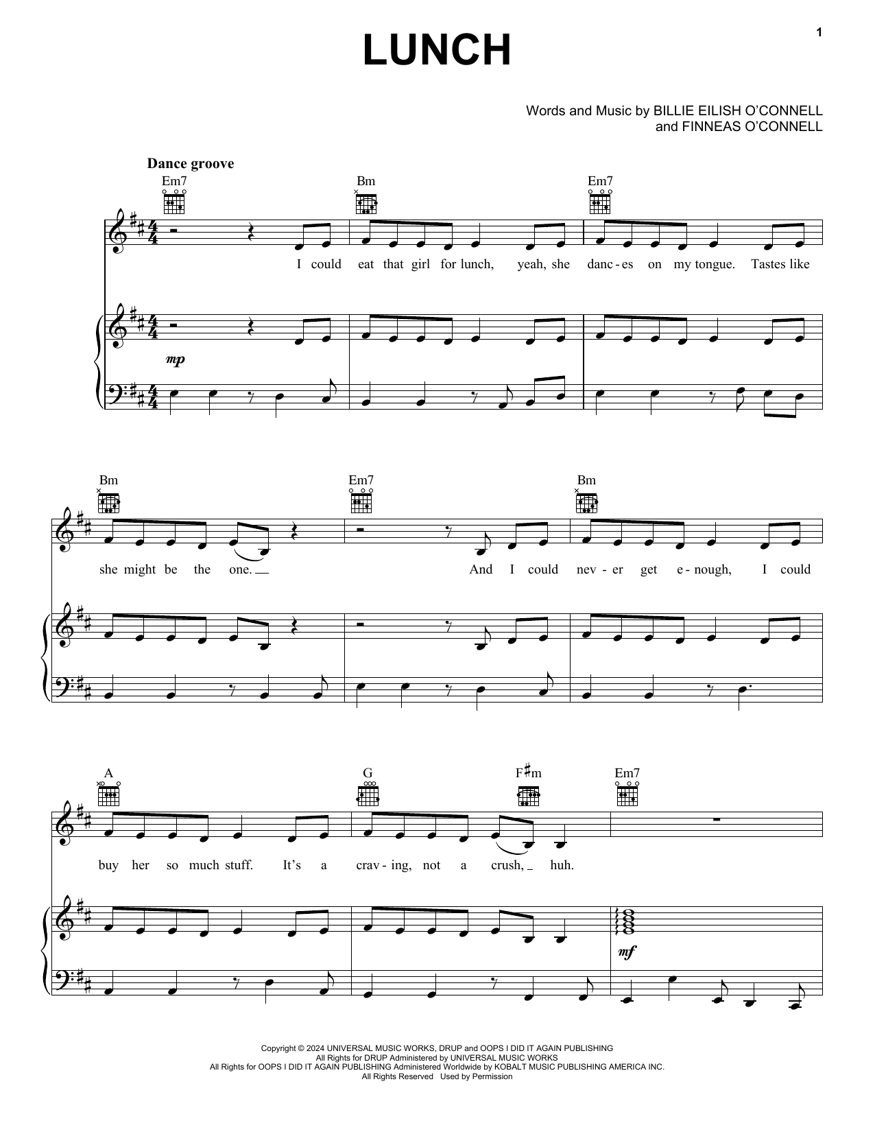 Billie Eilish LUNCH sheet music notes and chords. Download Printable PDF.