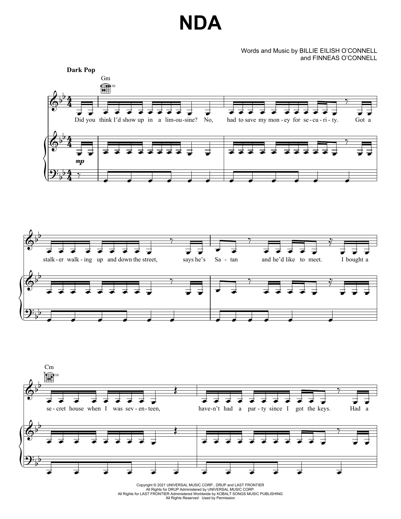 Billie Eilish NDA sheet music notes and chords. Download Printable PDF.