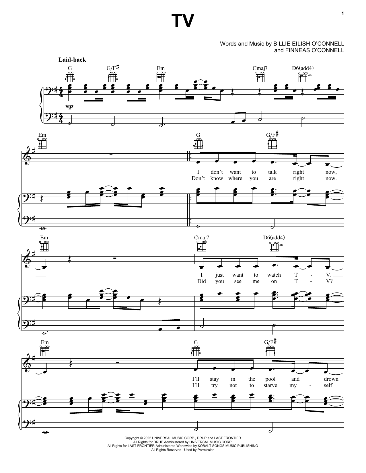 Billie Eilish TV sheet music notes and chords. Download Printable PDF.