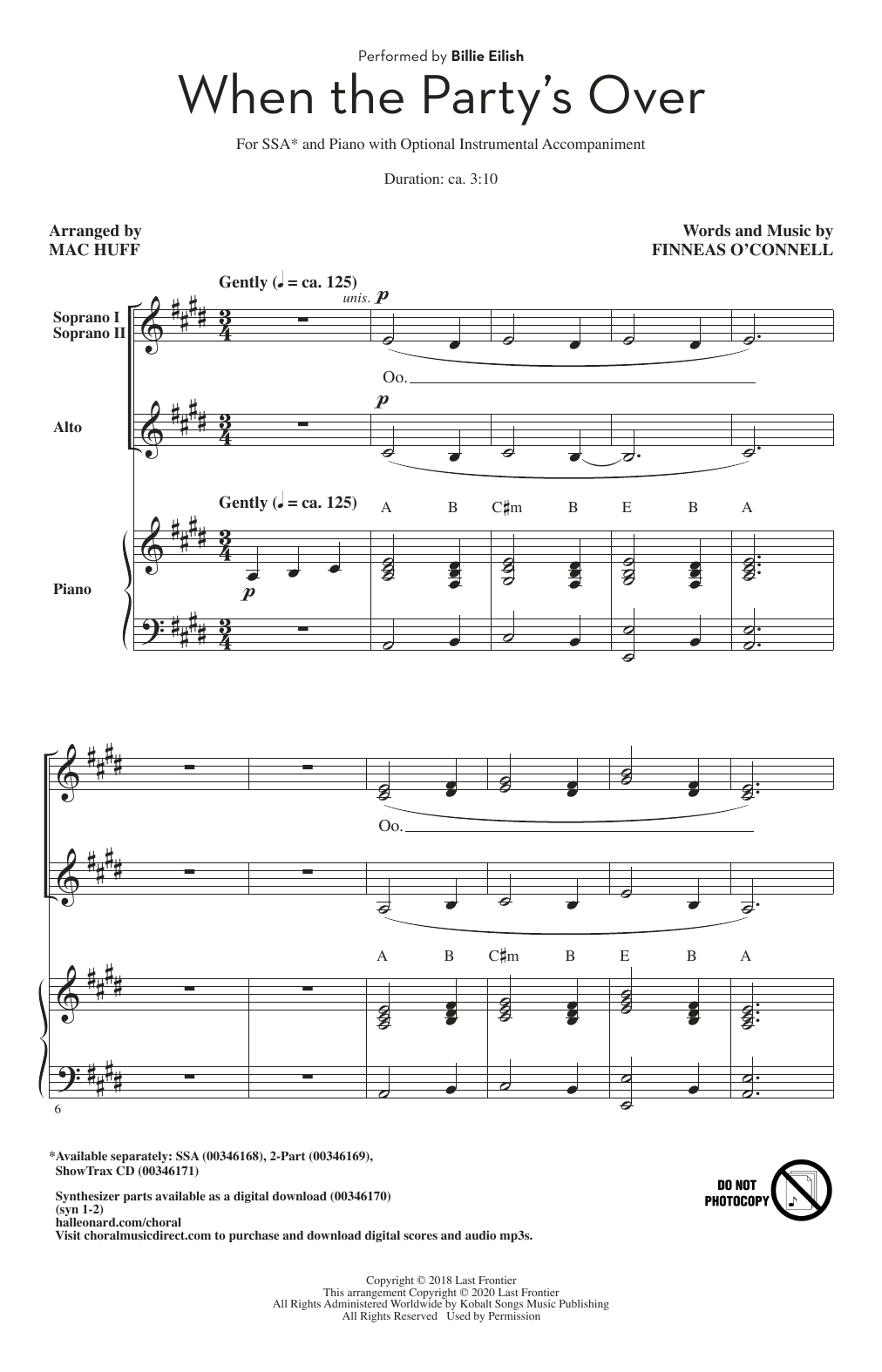 Learn to play Billie Eilish when the party's over (arr. Mac Huff) sheet music for SSA Choir in minutes. Billie Eilish when the party's over (arr. Mac Huff) sheet music notes and chords. Download Printable PDF.