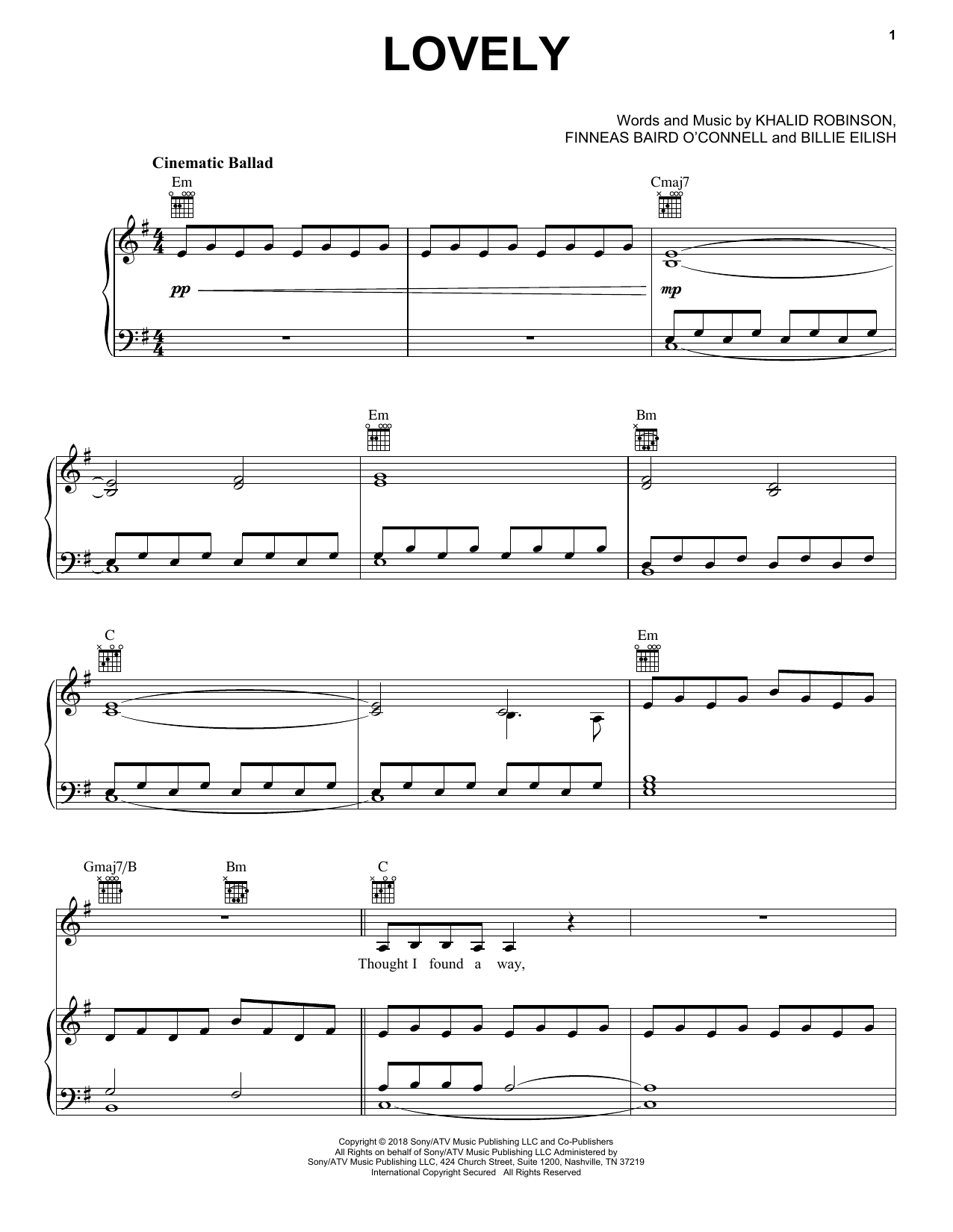 Billie Eilish & Khalid lovely (from 13 Reasons Why) sheet music notes and chords. Download Printable PDF.