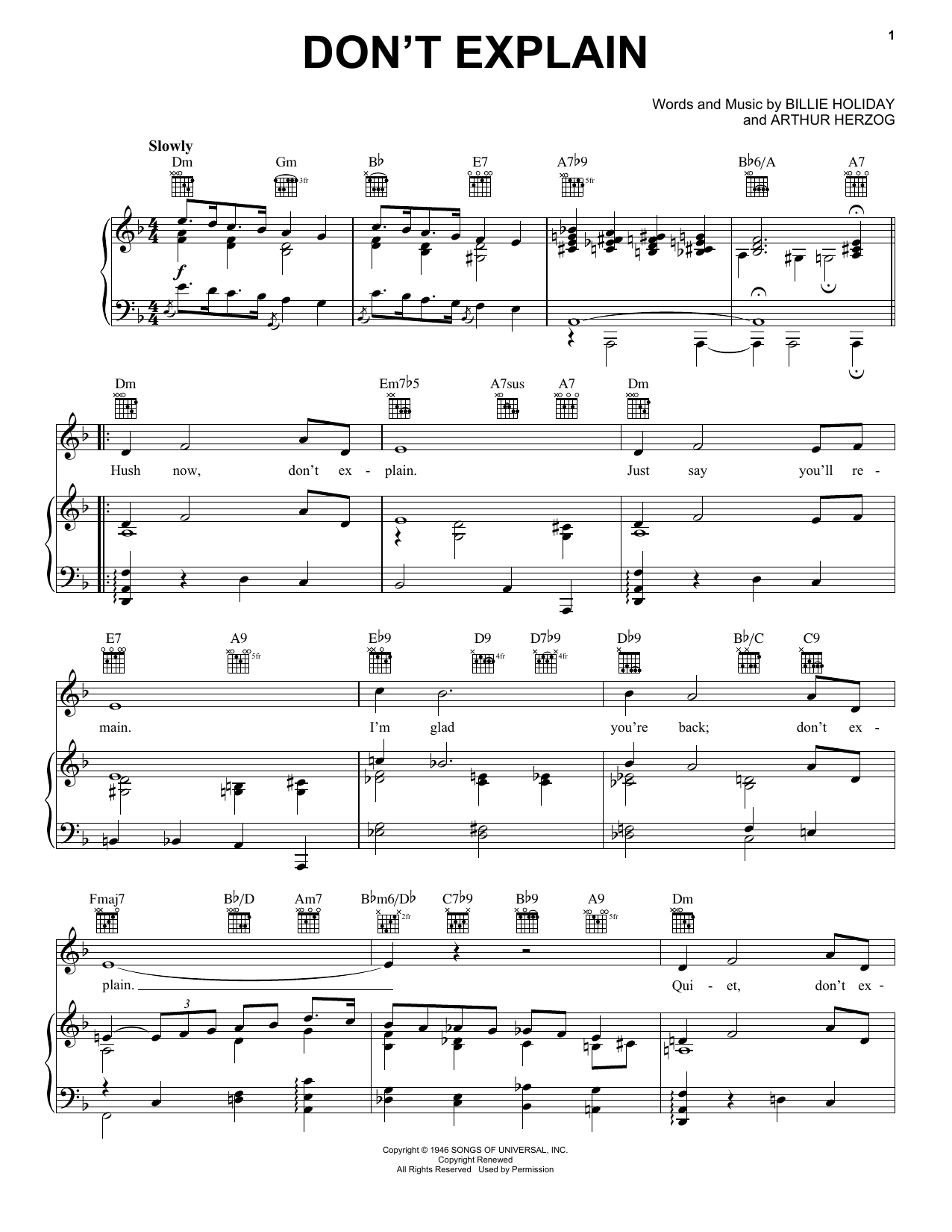Preview Billie Holiday Don't Explain Folk sheet music, notes and chords for Piano, Vocal & Guitar (Right-Hand Melody), SKU: 31532 sheet music, piano notes, chords, guitar tabs, score, transpose, transcribe, how to play, guide, download, learn, tutorial, progression, song, artist, awards, billboard, mtv, vh1, tour, single, album, release