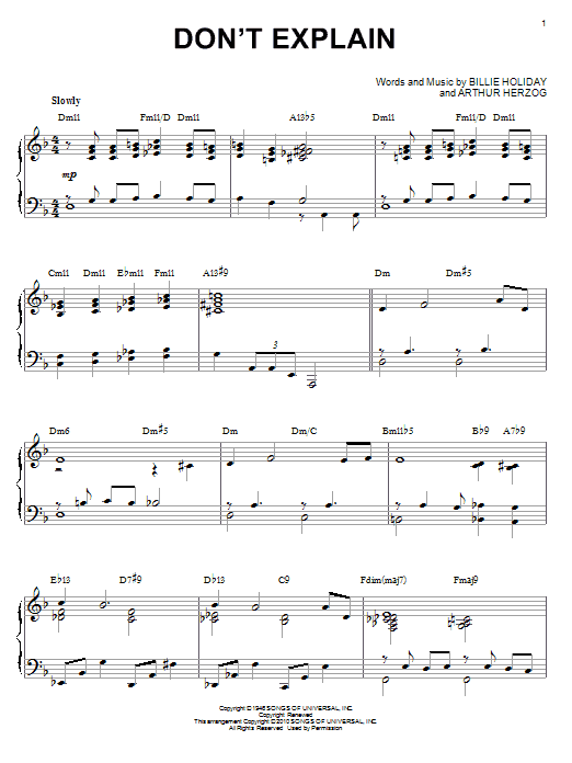 Learn to play Billie Holiday Don't Explain (arr. Brent Edstrom) sheet music for Piano Solo in minutes. Billie Holiday Don't Explain (arr. Brent Edstrom) sheet music notes and chords. Download Printable PDF.