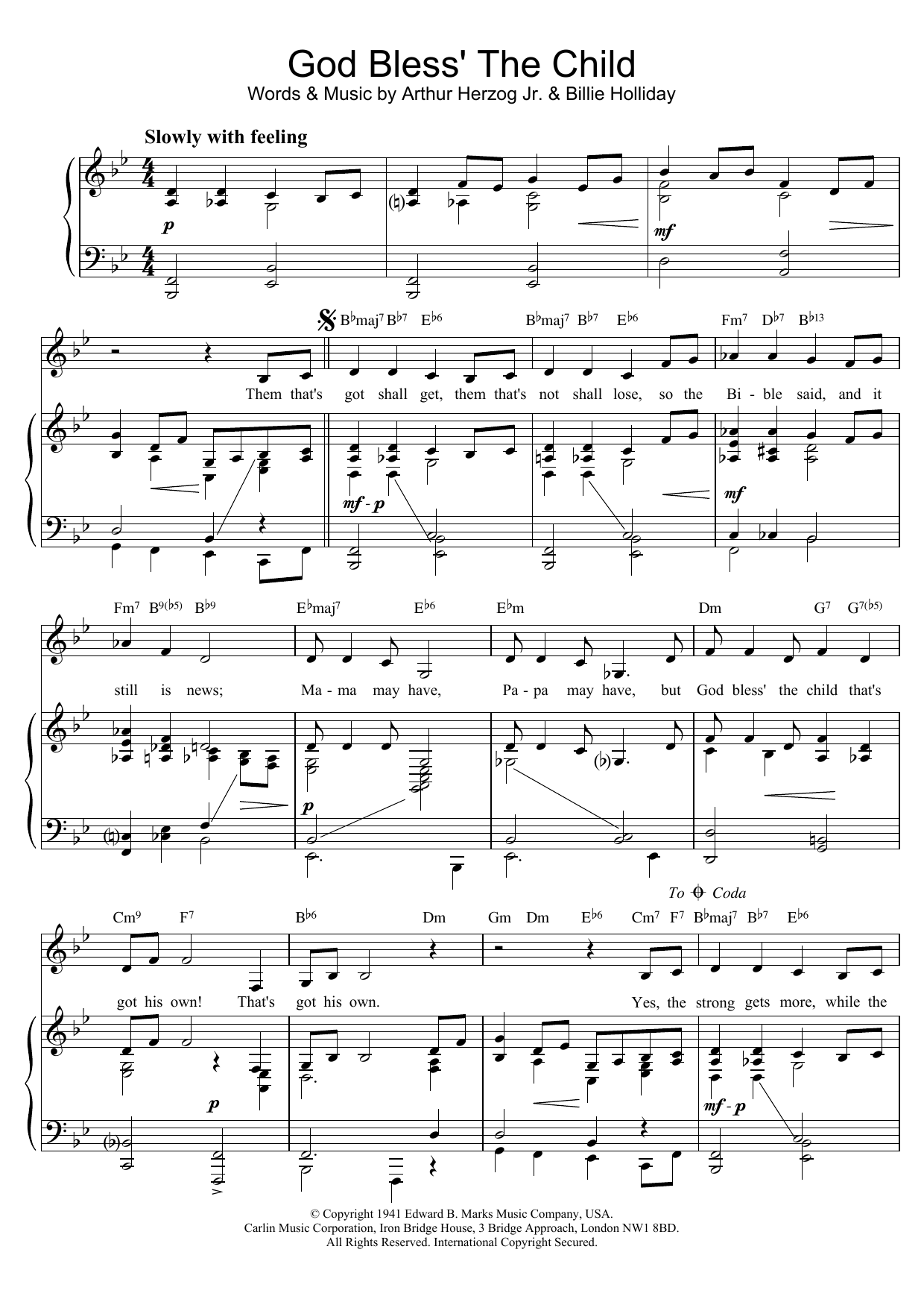 Billie Holiday God Bless' The Child sheet music notes and chords. Download Printable PDF.