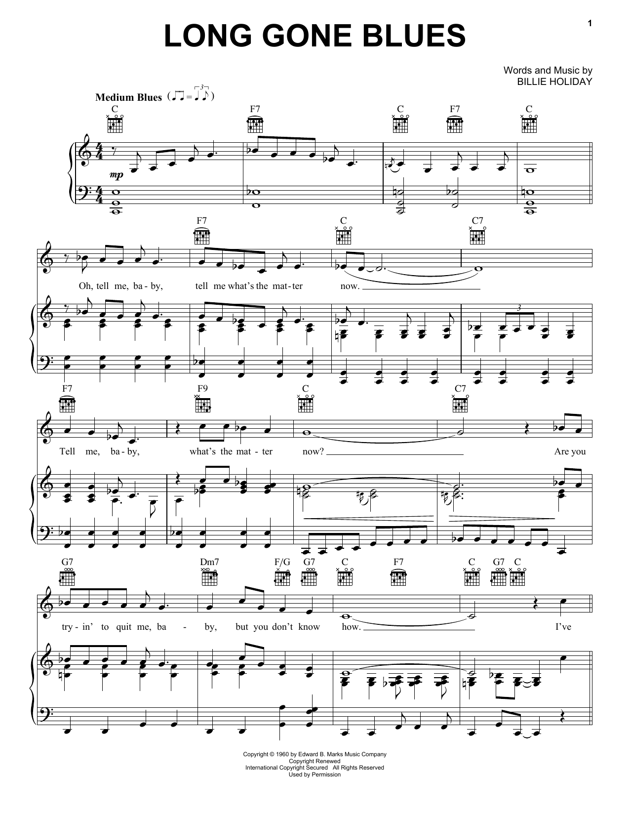 Billie Holiday Long Gone Blues sheet music notes and chords. Download Printable PDF.