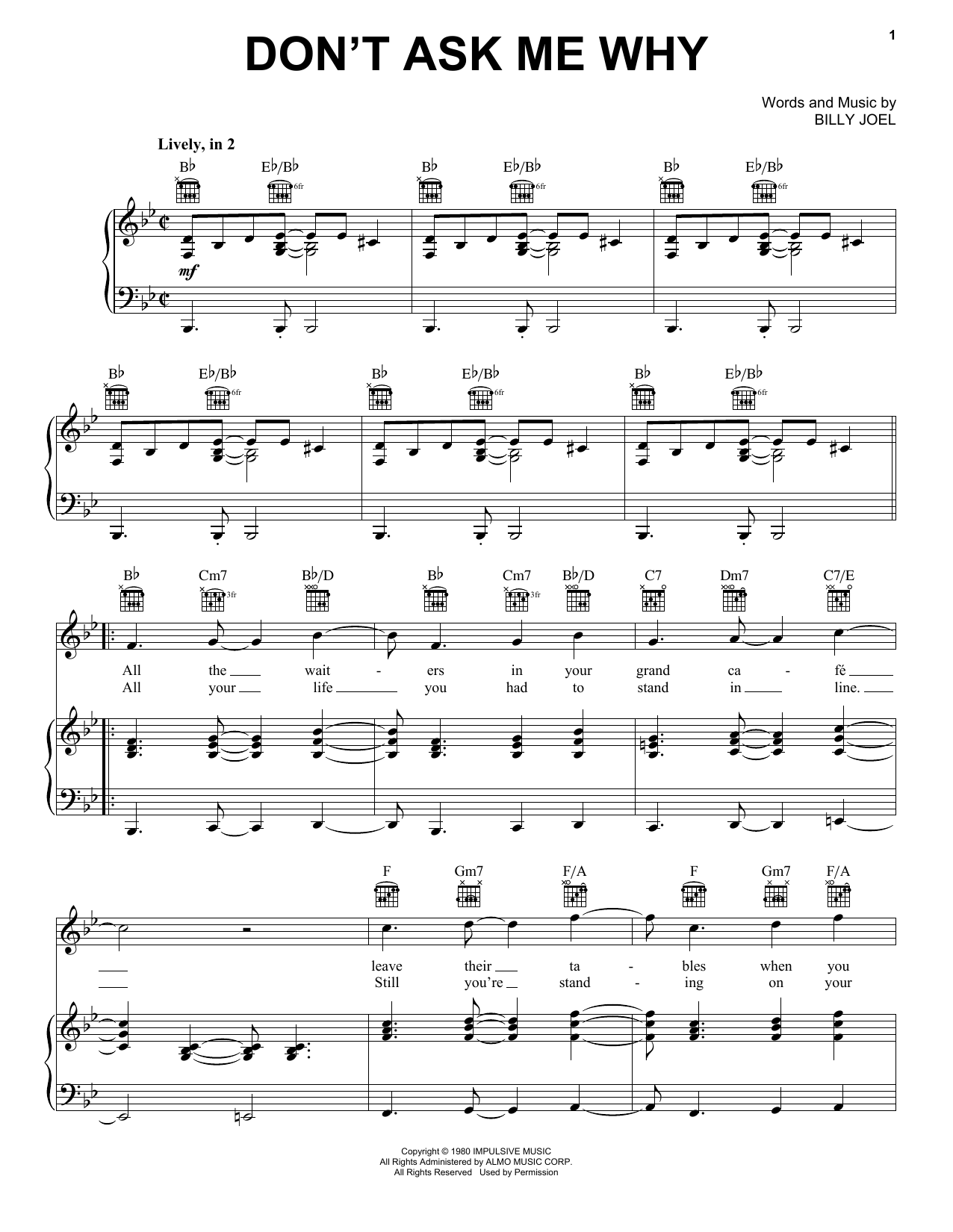 Billy Joel Don't Ask Me Why sheet music notes and chords. Download Printable PDF.