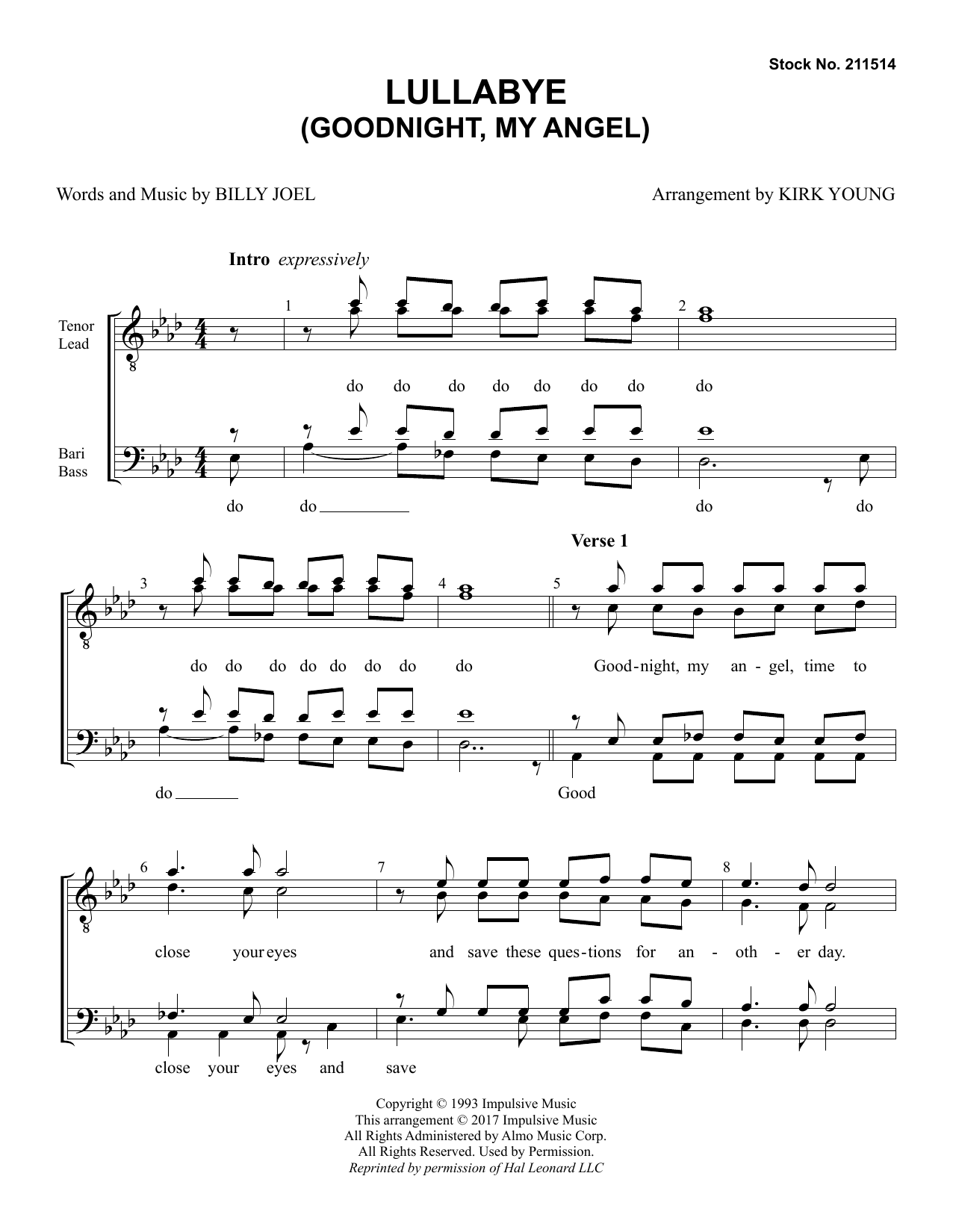 Billy Joel Lullaby (Goodnight My Angel) (arr. Kirk Young) sheet music notes and chords. Download Printable PDF.