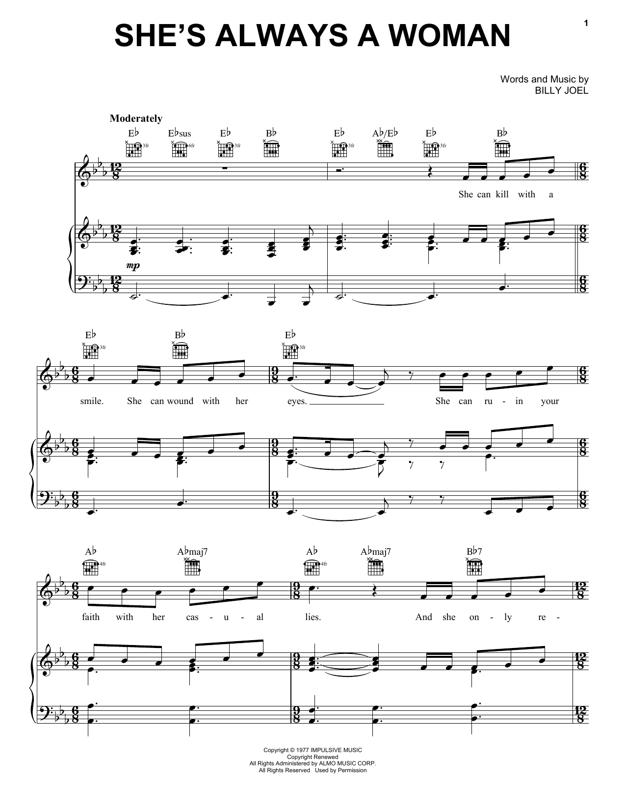 Billy Joel She's Always A Woman sheet music notes and chords. Download Printable PDF.