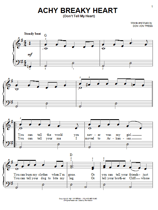 Billy Ray Cyrus Achy Breaky Heart (Don't Tell My Heart) sheet music notes and chords. Download Printable PDF.