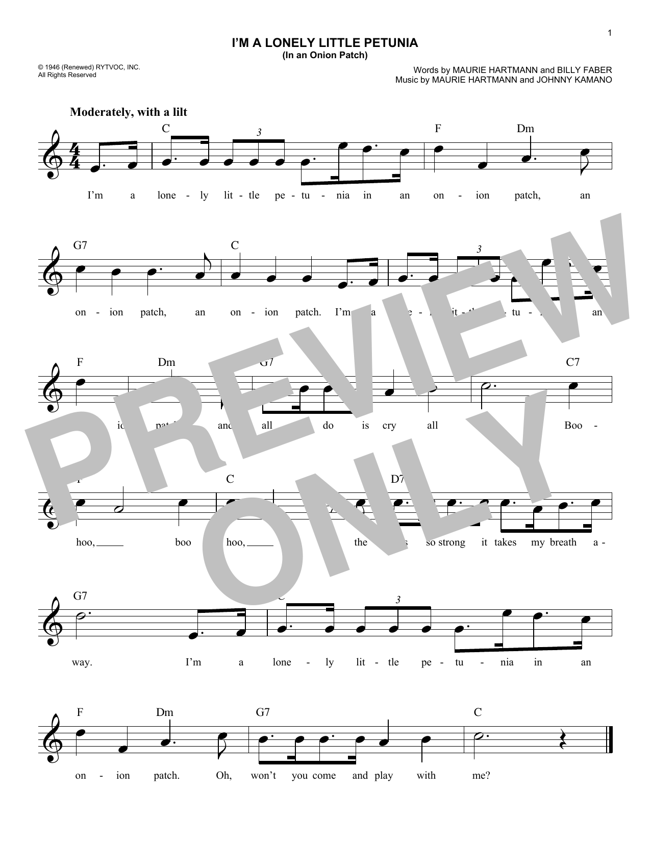Learn to play Billy Faber I'm A Lonely Little Petunia (In An Onion Patch) sheet music for Easy Lead Sheet / Fake Book in minutes. Price: 5.9900$ Billy Faber I'm A Lonely Little Petunia (In An Onion Patch) sheet music notes and chords arranged for Easy Lead Sheet / Fake Book