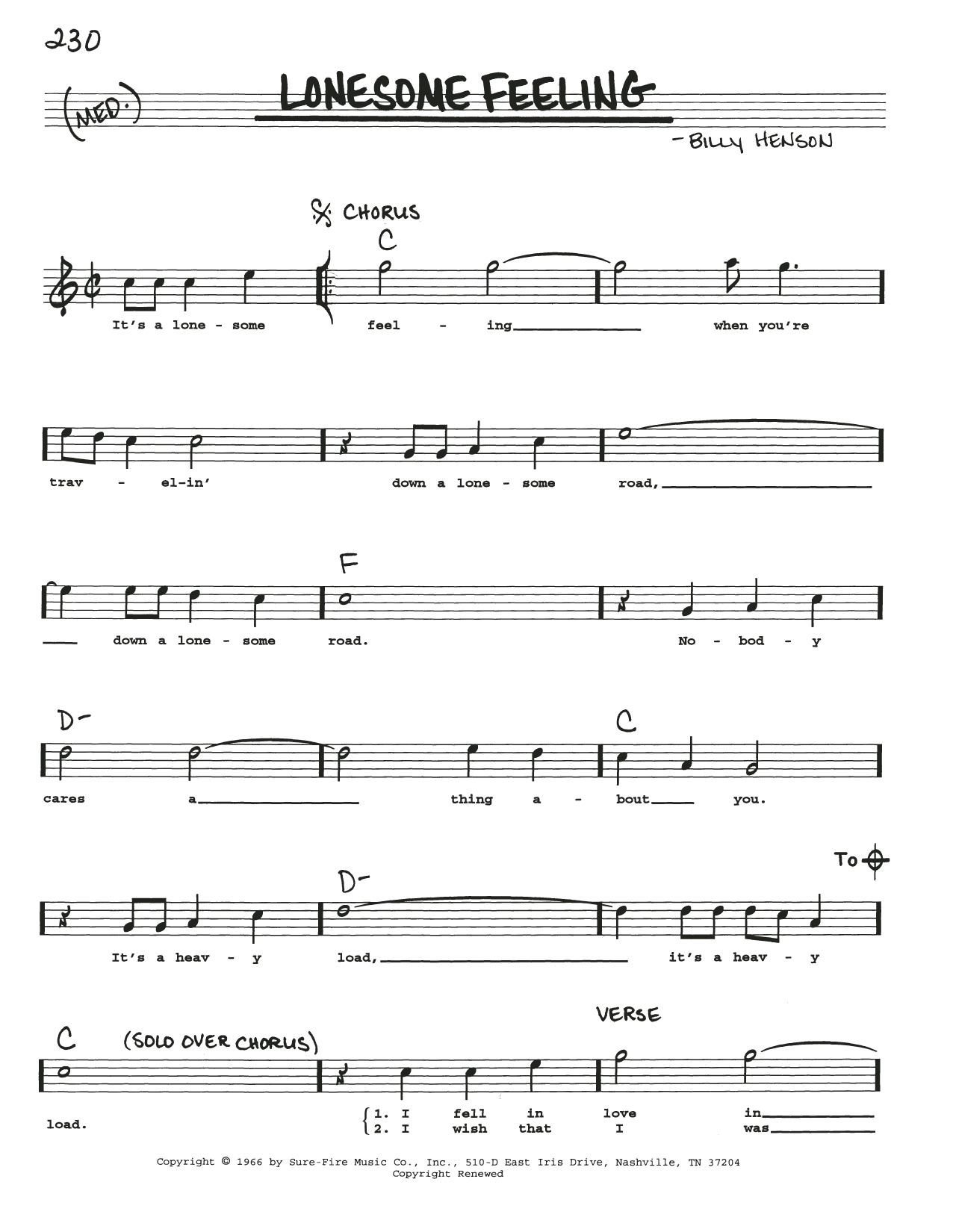 Billy Henson Lonesome Feeling sheet music notes and chords. Download Printable PDF.