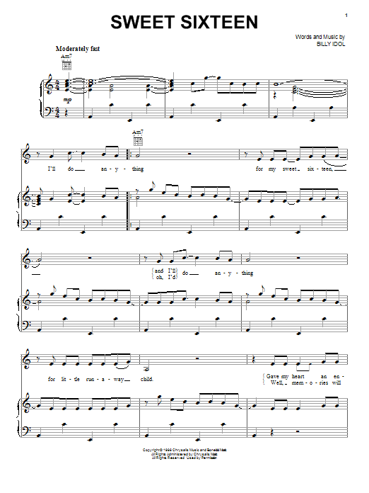 Learn to play Billy Idol Sweet Sixteen sheet music for Guitar Chords/Lyrics in minutes. Billy Idol Sweet Sixteen sheet music notes and chords. Download Printable PDF.