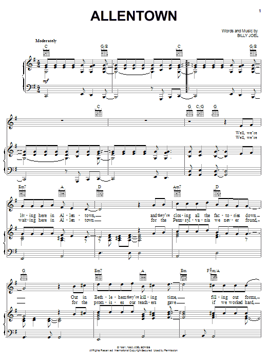 Billy Joel Allentown sheet music notes and chords. Download Printable PDF.