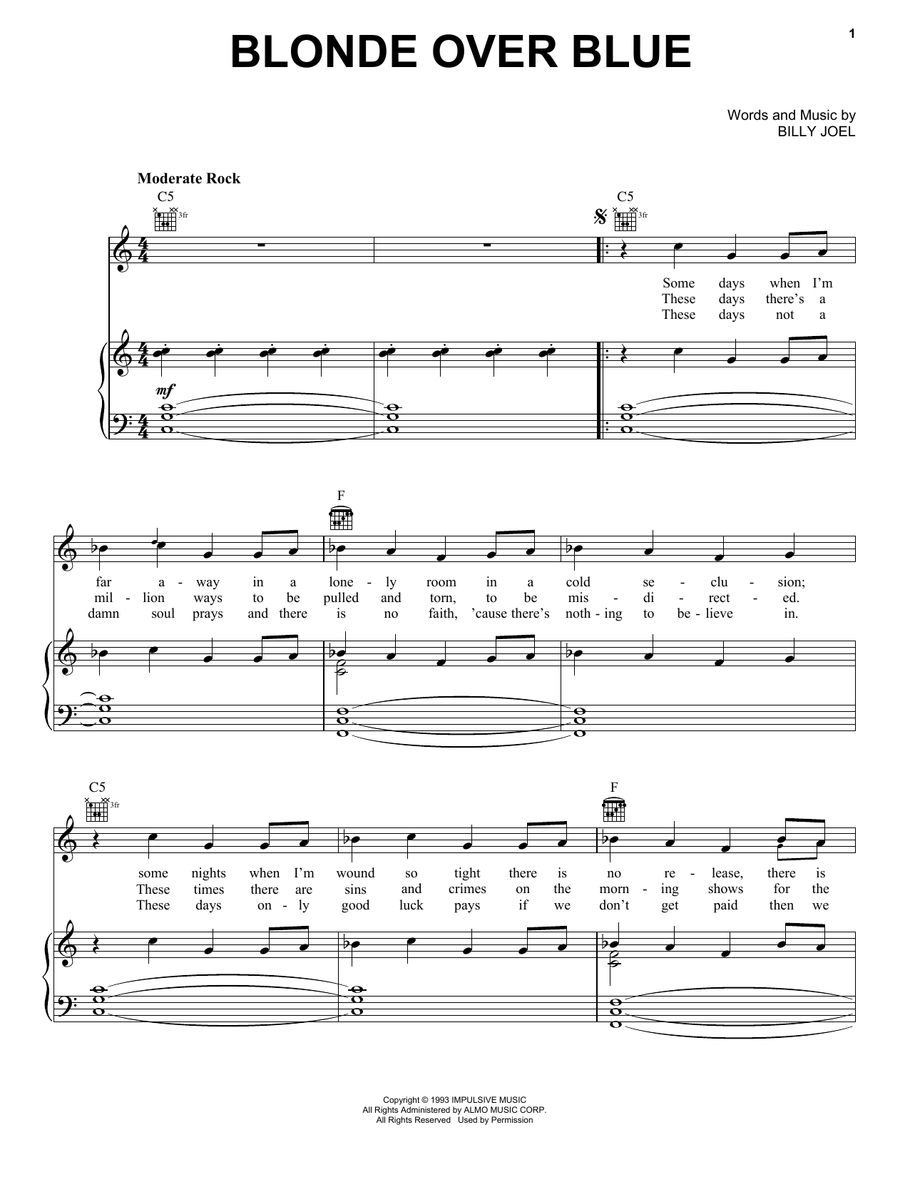 Billy Joel Blonde Over Blue sheet music notes and chords. Download Printable PDF.