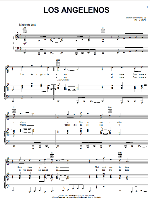 Billy Joel Los Angelenos sheet music notes and chords. Download Printable PDF.