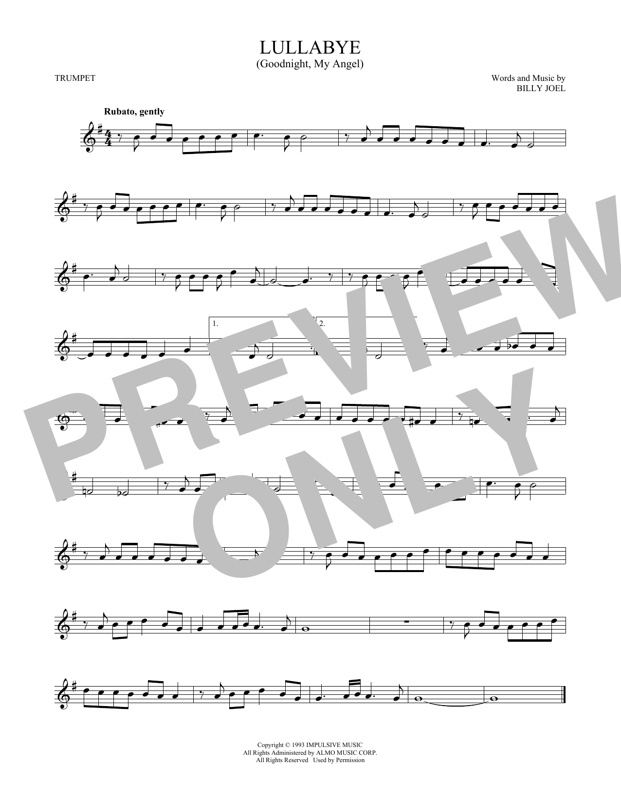 encima labios pedir Billy Joel "Lullabye (Goodnight, My Angel)" Sheet Music | Download  Printable PDF Score. SKU 1229433
