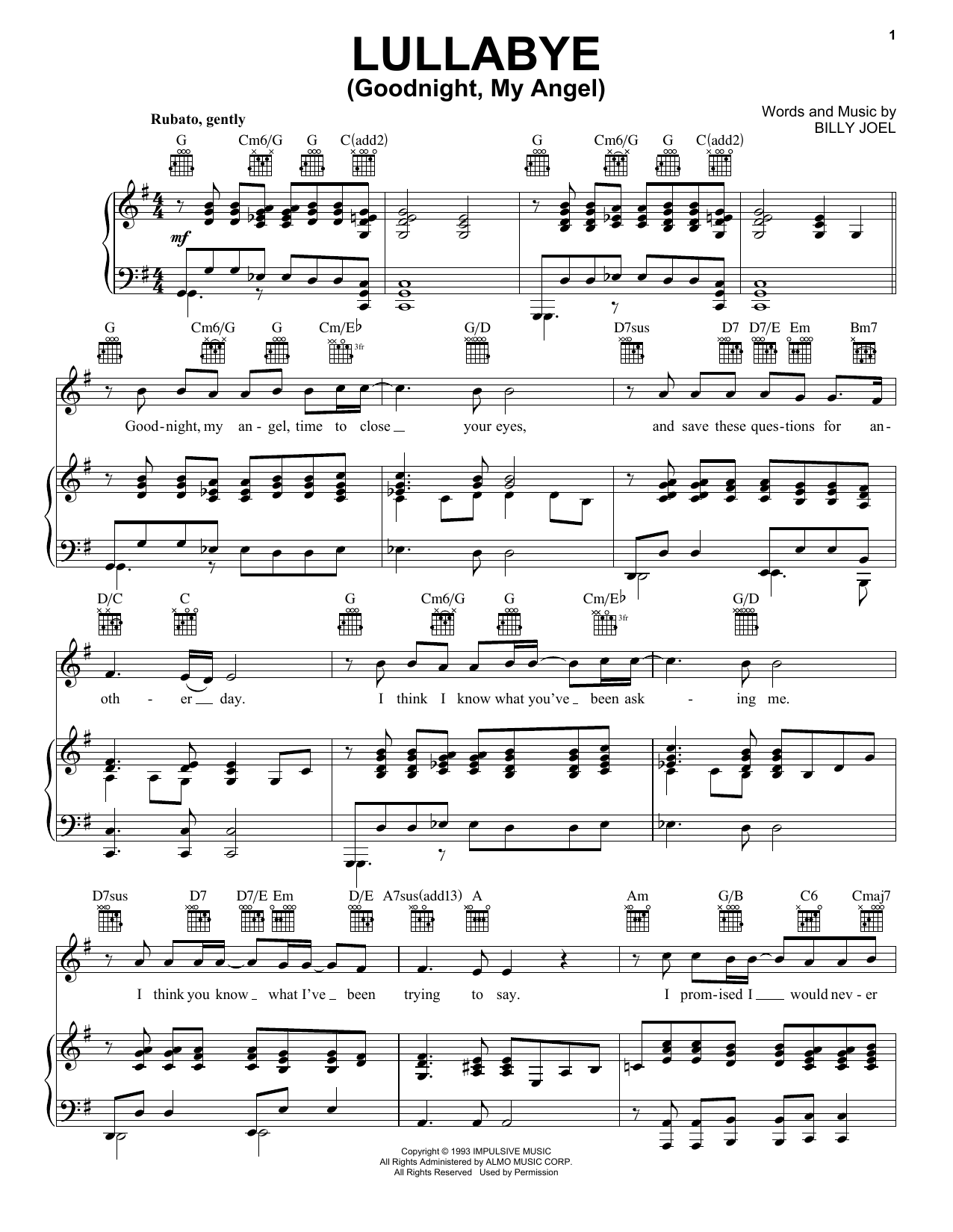 Billy Joel Lullabye (Goodnight, My Angel) sheet music notes and chords. Download Printable PDF.