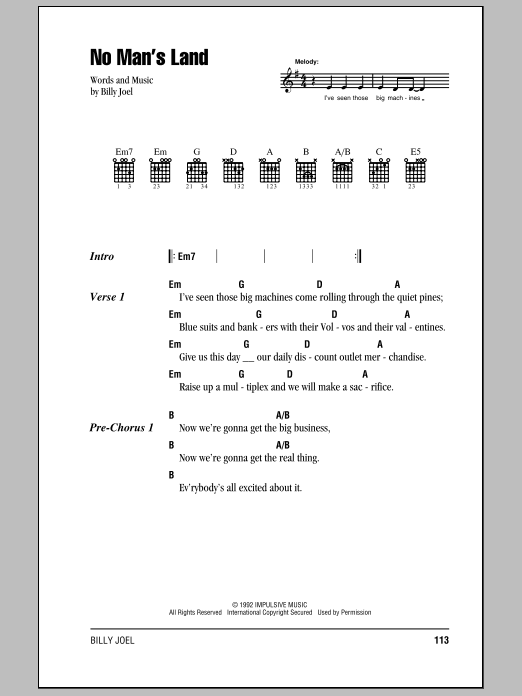Billy Joel No Man's Land sheet music notes and chords. Download Printable PDF.