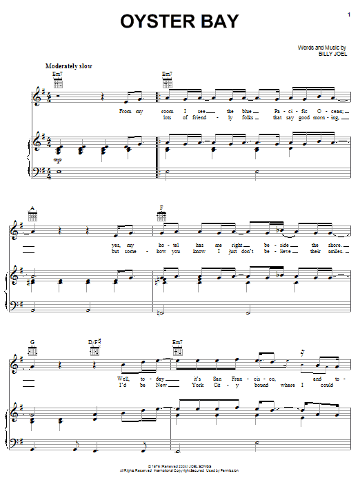 Billy Joel Oyster Bay sheet music for Piano, Vocal & Guitar (Right-Hand Melody) in minutes. Price: 7.8900$ Billy Joel Oyster Bay sheet music notes and chords. Download Printable PDF.