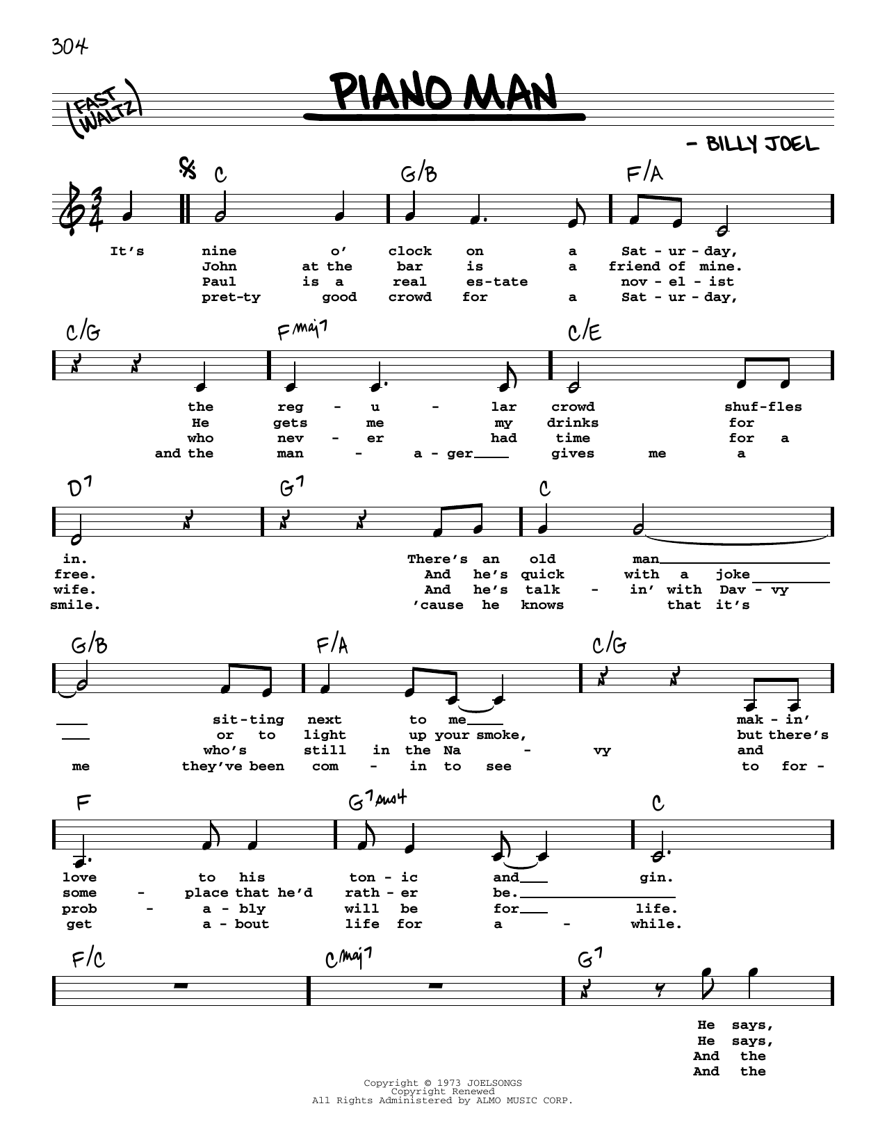 Billy Joel "Piano Man" Sheet Music | Download Printable PDF Score. SKU